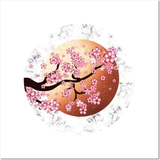 Blooming Sakura Branch on rose gold sun Posters and Art